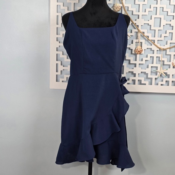 Unbranded Dresses & Skirts - Navy Blue Ruffle Faux Wrap Mini Dress Spaghetti Strap Cocktail Dress M